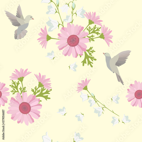 Seamless pattern with delicate gerberas, white bells and birds.