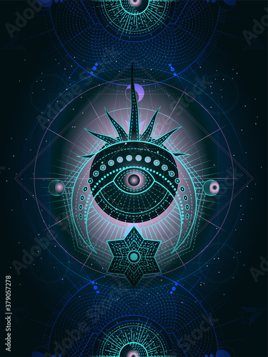 Vector illustration of Sacred geometry symbol on abstract background. Image in purple  and green color. 