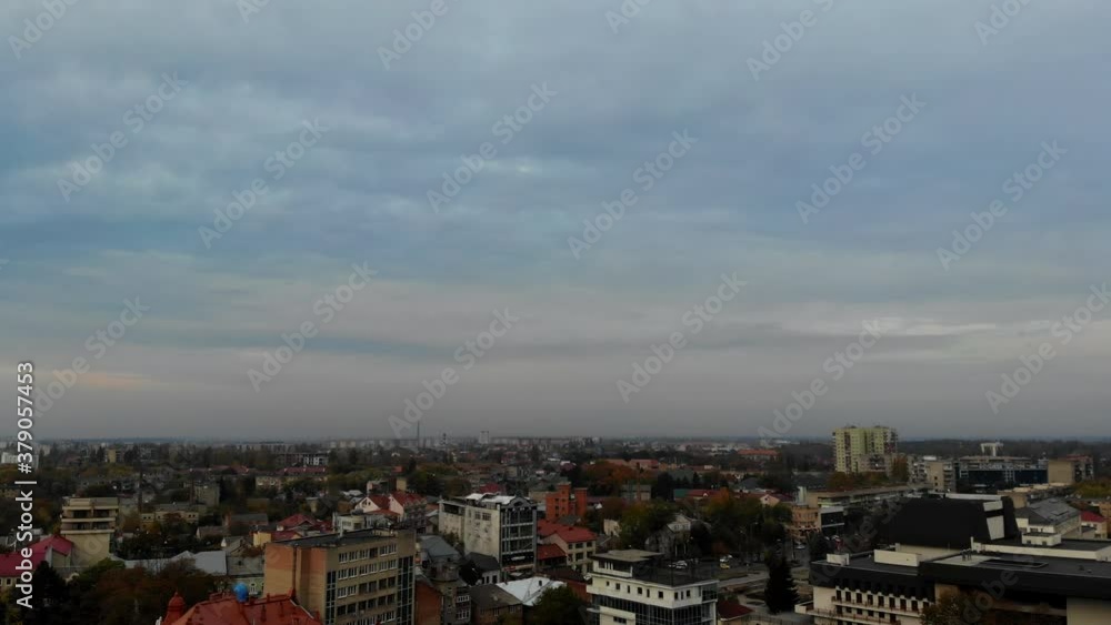 Beautiful view of the flying over streets and architecture center of the old town city Uzhgorod Ukraine Beautiful view of the flying over streets and architecture center of the old town city Uzhgorod Ukraine