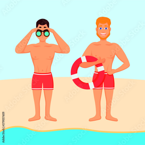 Full color lifeguard illustration characters with lifebuoy and binoculars