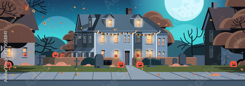 houses decorated for halloween holiday celebration home buildings front view with different pumpkins horizontal vector illustration