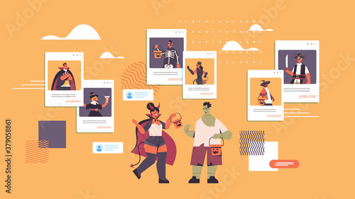 people in different costumes discussing during video call happy halloween party celebration self isolation online communication concept web browser windows horizontal vector illustration