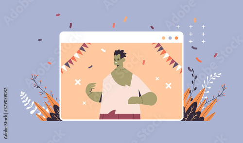 man in zombie costume celebrating happy halloween holiday self isolation online communication concept web browser window portrait horizontal vector illustration