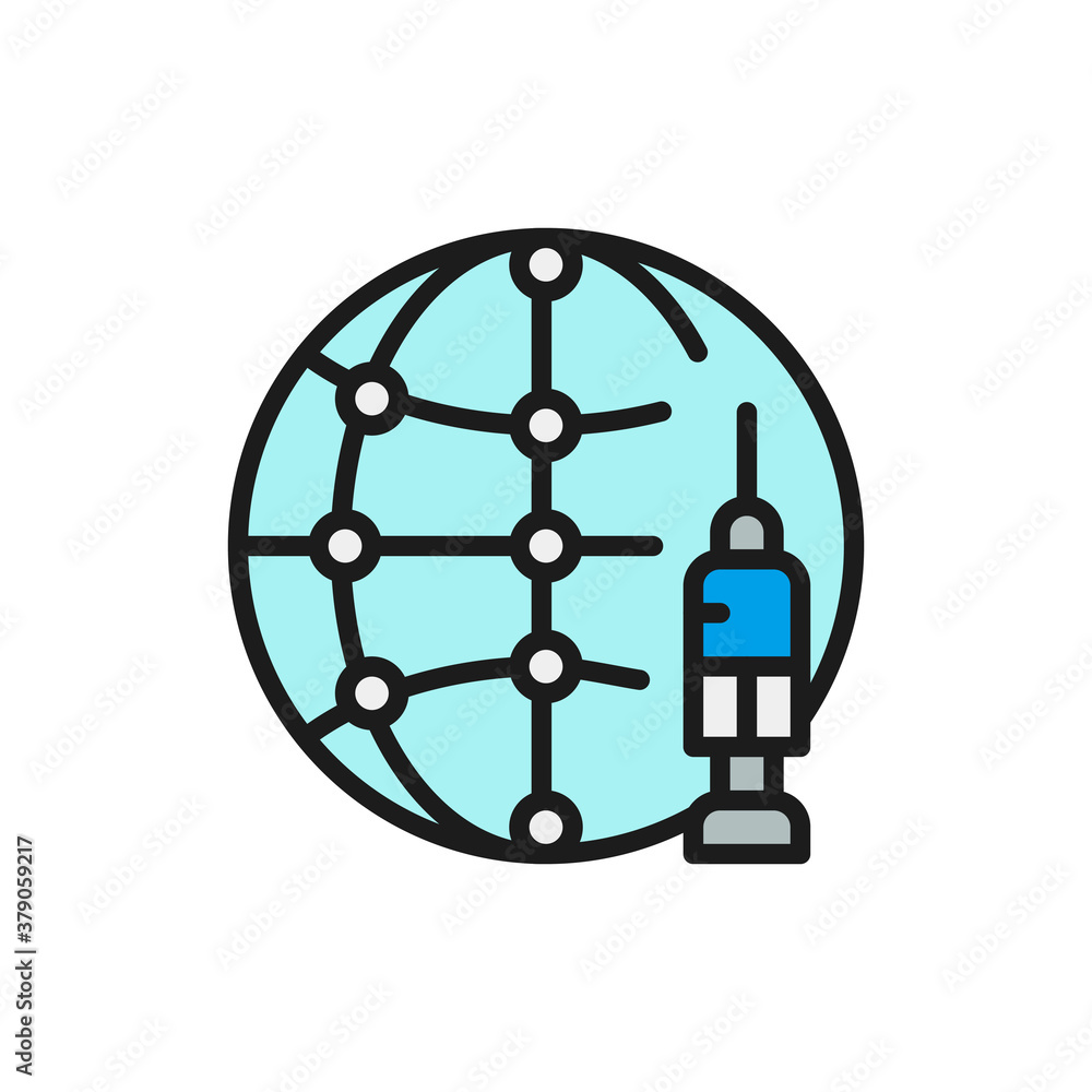 World vaccination day, syringe with globe, injection flat color line icon. World vaccination day, syringe with globe, injection flat color line icon.