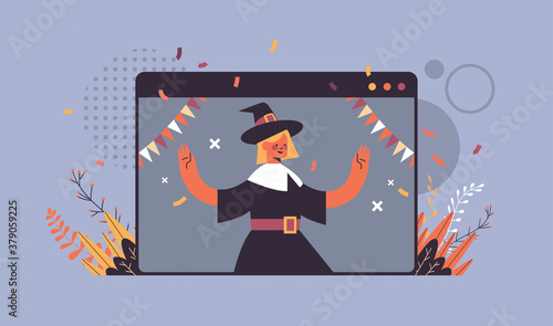 girl in witch costume celebrating happy halloween holiday self isolation online communication concept web browser window portrait horizontal vector illustration