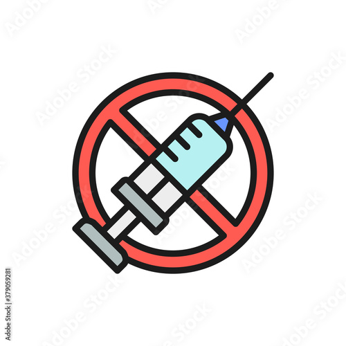 Forbidden sign with syringe, no vaccination, no injection flat color line icon.