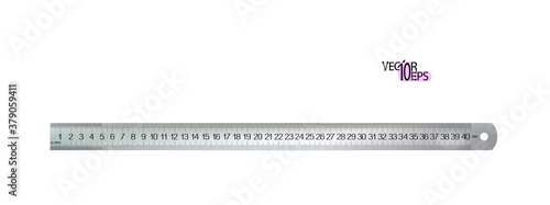 Top view realistic metal centimeters ruler, measuring tool isolated on white background. 40 sm, cm, meter instrument locksmiths or carpenters, craft and school supplies. Vector illustration.