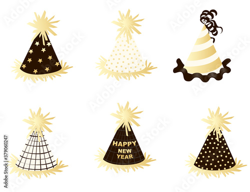 Happy new year xmas golden paper hats celebration holiday event accessory flat vector illustration isolated on white background
