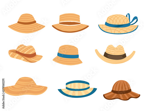 Set of natural summer hay hat with strap and bow flat vector illustration isolated on white background