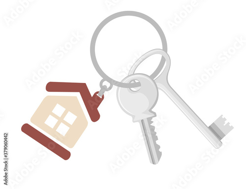 Silver key on ring with keychain house keys flat vector illustration on white background