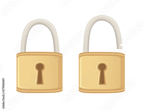 Closed and open lock classic metal lock with golden color flat vector illustration isolated on white background