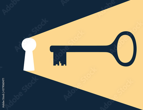 Keyhole with golden key flat vector illustration on dark background