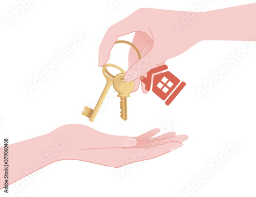 Hand giving house key to another hand template for sale or rent home concept heal estate agent flat vector illustration on white background