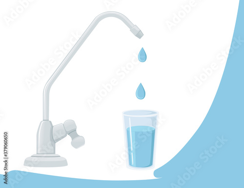 Faucet with water drops metal water tap flat vector illustration on white background