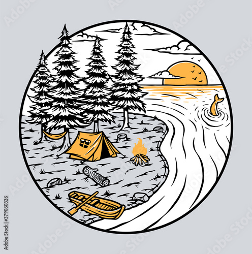 Camping by the lake illustration