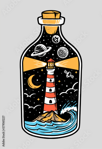View of the lighthouse at night in a bottle illustration
