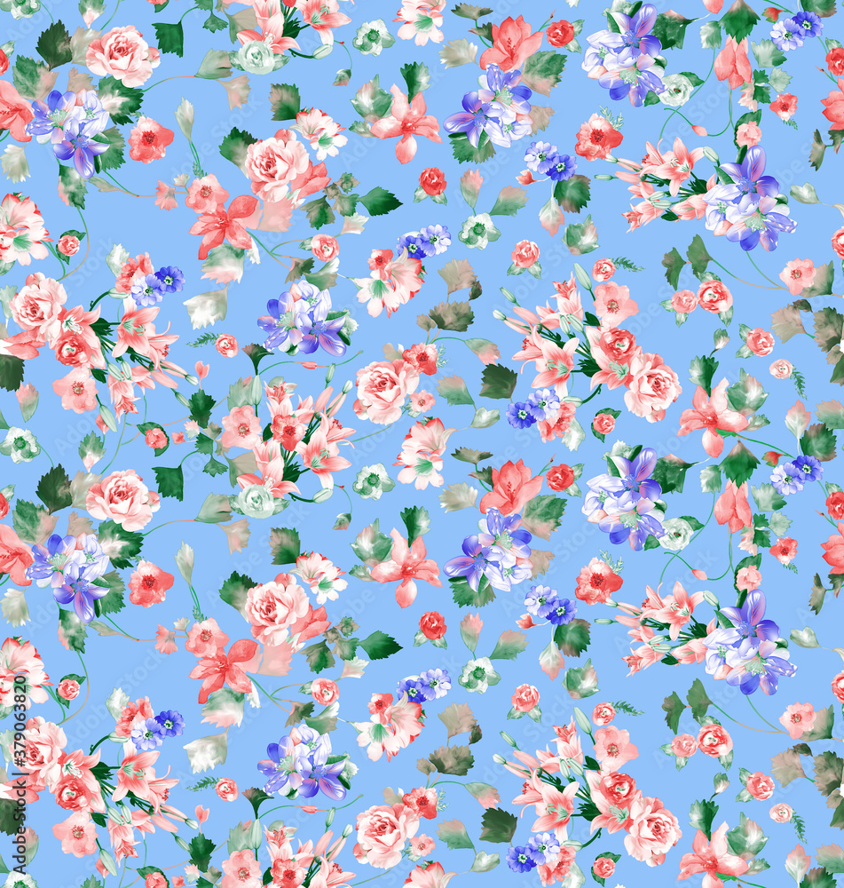 Tropical watercolor flower pattern with leaves. Tropical watercolor flower pattern with leaves.