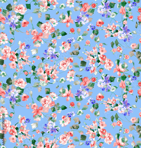 Tropical watercolor flower pattern with leaves.