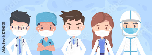 Doctors and medical personnel team in protective face masks.