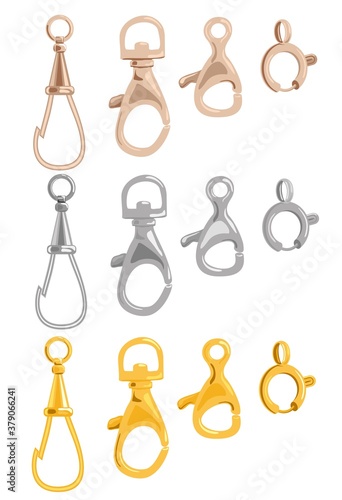 Carbines metallic gold, copper and silver colors. Accessories for bags and jewelry. Vector illustration isolated on white background.