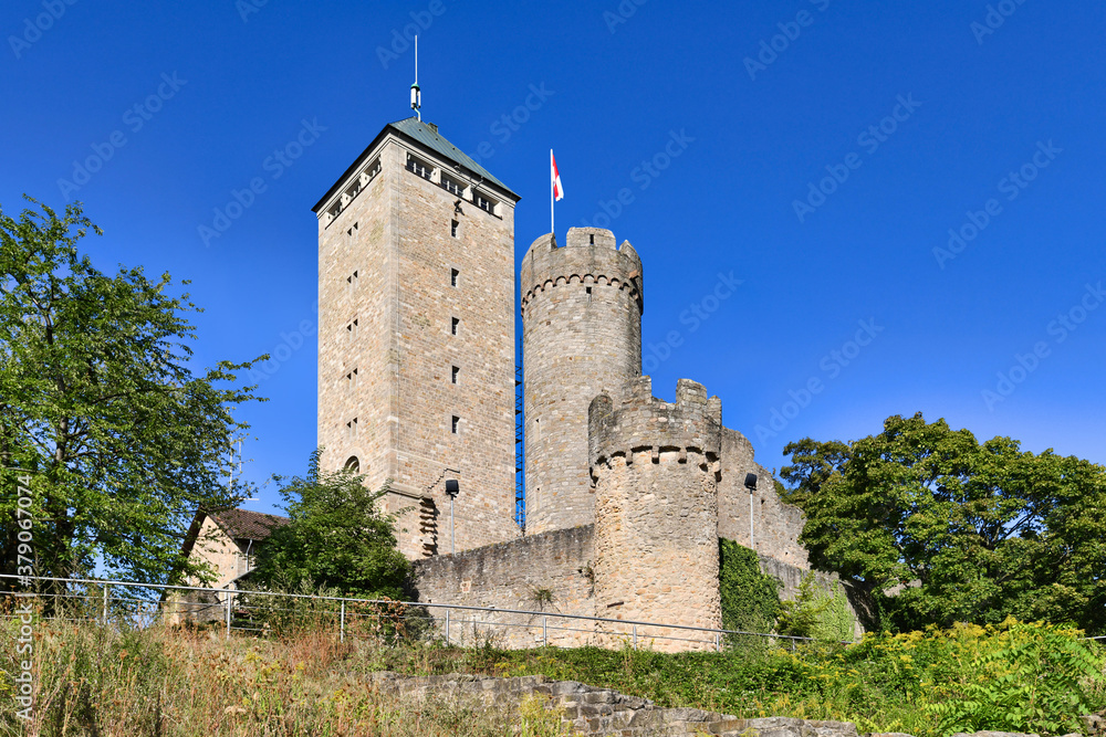 Old historic hill castle called 'Starkenburg' in Odenwald forest in Heppenheim city in Germany
