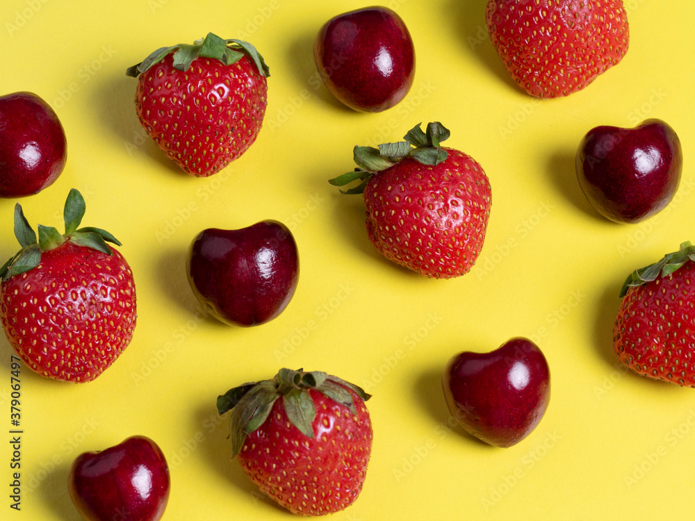 top view of the square-shaped cherries and strawberries. Healthy food, vegetarian cuisine, fresh fruit, flat lay top view of the square-shaped cherries and strawberries. Healthy food, vegetarian cuisine, fresh fruit, flat lay