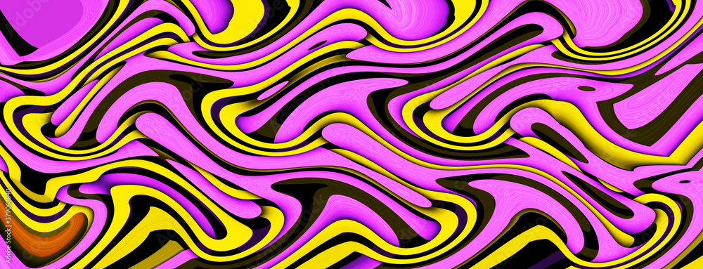 Yellow pink bright twisted lines on black background. Abstract psychedelic vector illustration