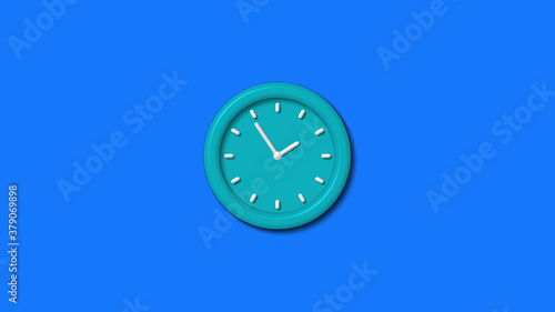 New cyan color 3d wall clock isolated on blue background,12 hours clock isolated