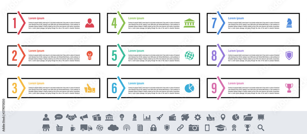 Infographic design business concept vector illustration with 9 steps or options or processes represent work flow or diagram or web button banner Infographic design business concept vector illustration with 9 steps or options or processes represent work flow or diagram or web button banner