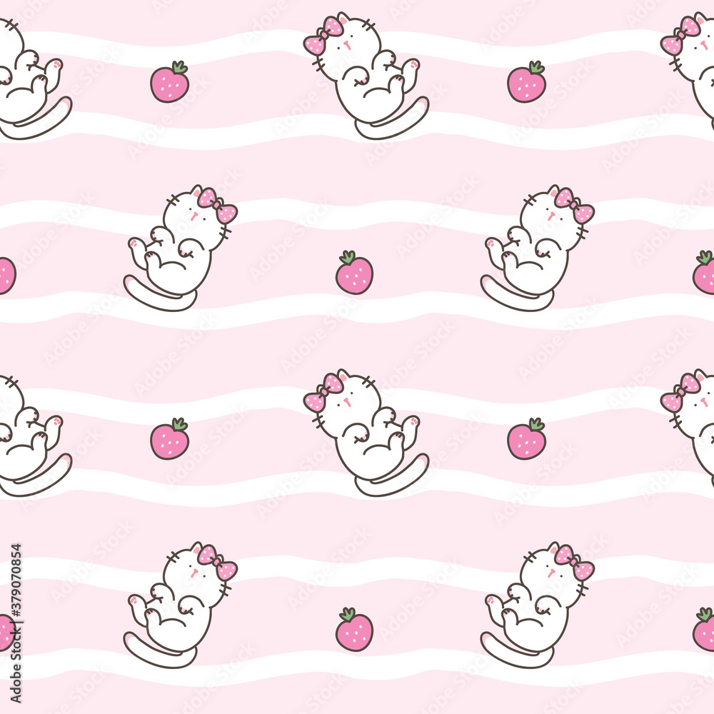 Seamless Pattern of Cartoon White Cat and Strawberry Design on Light Pink Background with White Wavy Lines