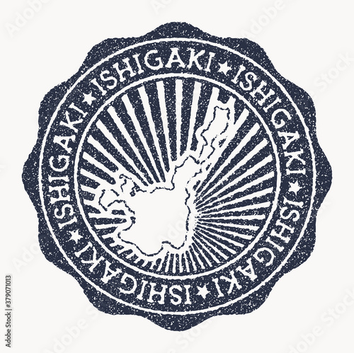Ishigaki stamp. Travel rubber stamp with the name and map of the island, vector illustration. Can be used as insignia, logotype, label, sticker or badge of Ishigaki.