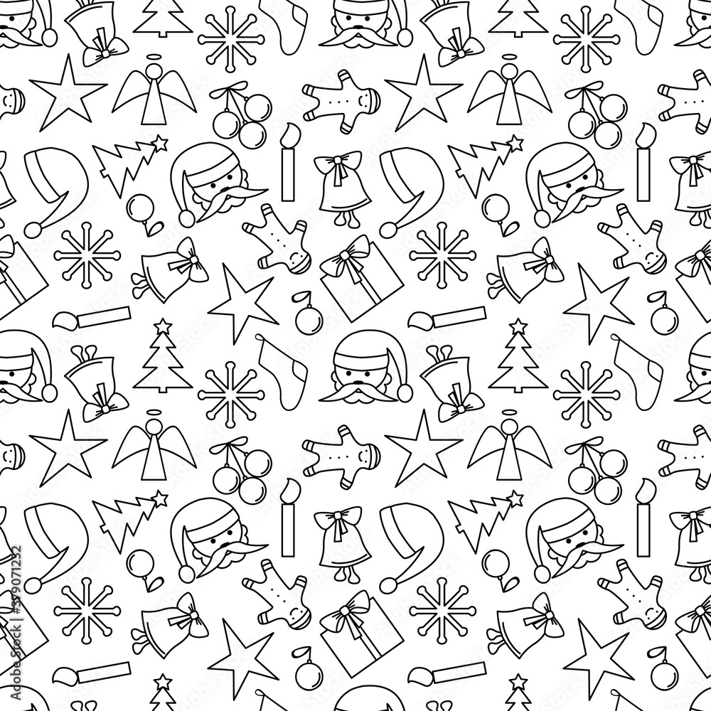 Christmas seamless vector pattern. Black and white outlines of Christmas and new year symbols on a white background . New year pattern for packaging, design, scrabooking, Wallpaper, fabric, print Christmas seamless vector pattern. Black and white outlines of Christmas and new year symbols on a white background . New year pattern for packaging, design, scrabooking, Wallpaper, fabric, print