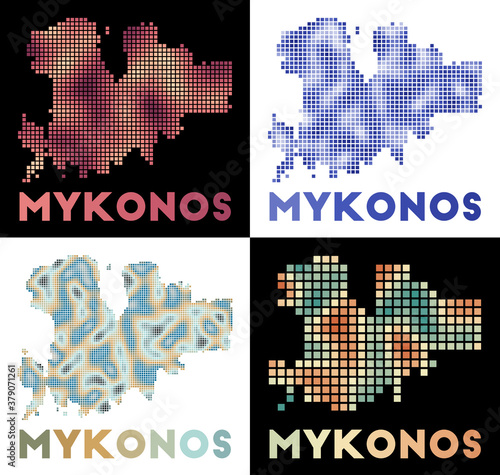 Mykonos map. Collection of maps of Mykonos in dotted style. Borders of the island filled with rectangles for your design. Vector illustration.