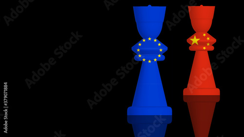 3D Illustration of a Conflict Concept between China and the European Union with flags painted on chess pieces. 3D rendering