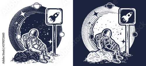Astronaut in space. Tattoo and t-shirt design. Symbol of startup, space tourism, dream, imagination. Black and white vector graphics