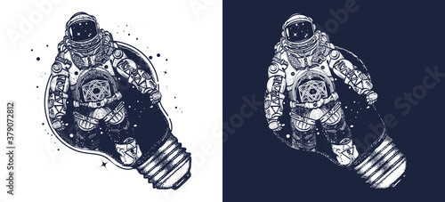 Astronaut in a light bulb tattoo art. Symbol of creative thinking, new ideas. Spaceman surreal t-shirt design. Black and white vector graphics