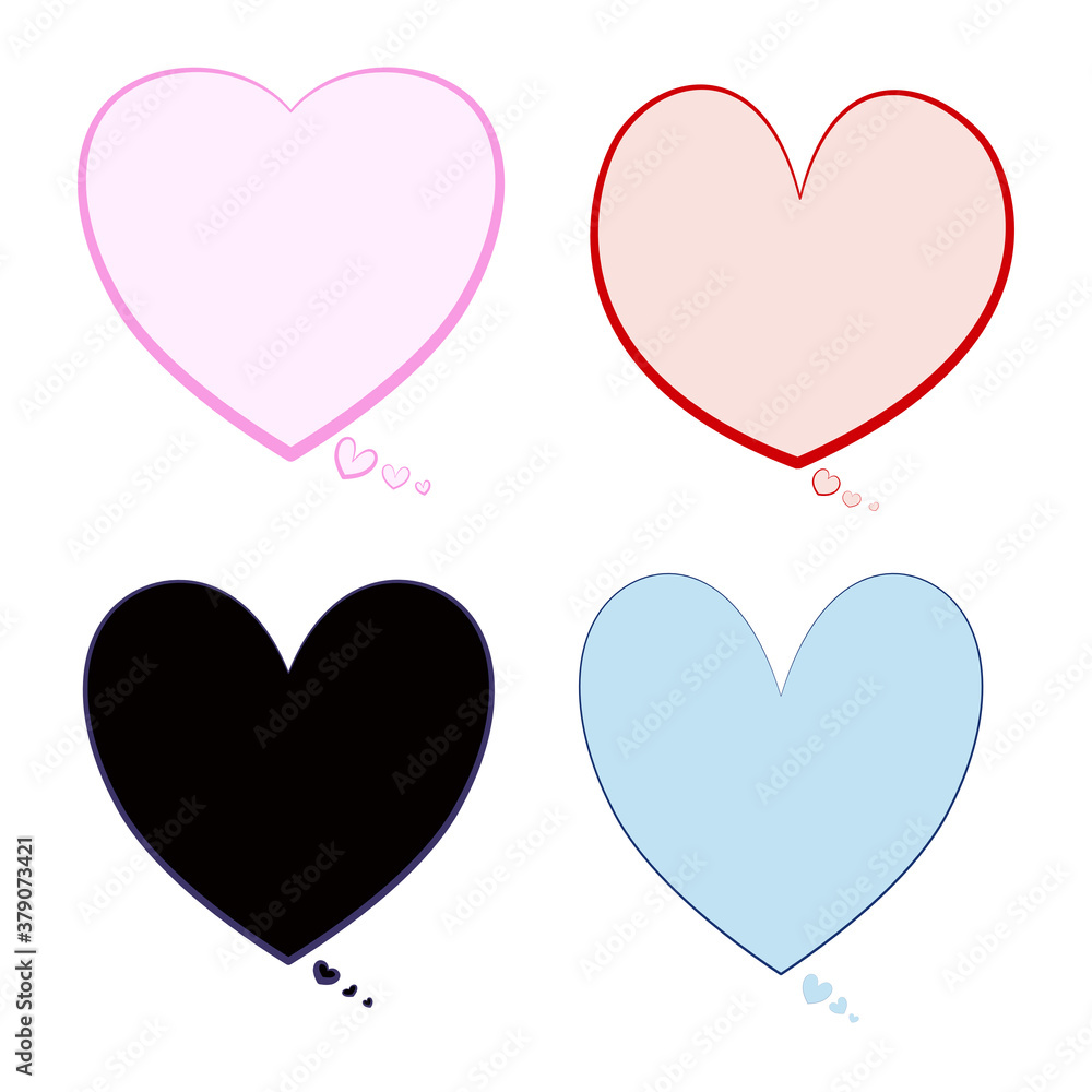 Speech bubbles set vector. Heart shaped bubbles. Pastel color illustrations isolated on white.