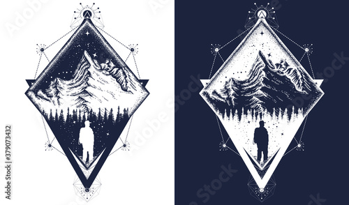 Mountain triangular style tattoo art. Symbol of climbing, camping, great outdoors, tourism, adventure, meditation t-shirt design. Black and white vector graphics