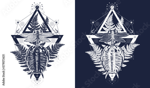 Prehistoric tattoo and t-shirt design. Symbol of paleontology, science, education. Trilobites, dragonfly and fern. Black and white vector graphics