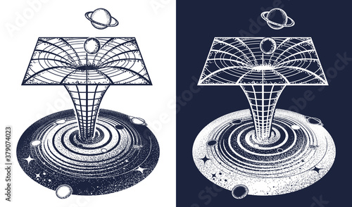 Black hole tattoo and t-shirt design. Symbol of science, astronomy, gravitational waves, curvature of space and time. Wormhole. Surreal art sci-fi concept, vector graphics