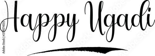 Happy Ugadi Calligraphy Handwritten Black Color Text On Yellow 
Background