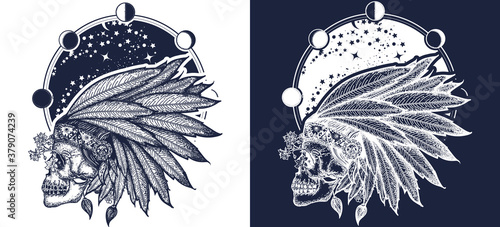 Native American indian feather headdress with human skull t-shirt design. Indian skull tattoo art. Warrior symbol. Black and white vector graphics