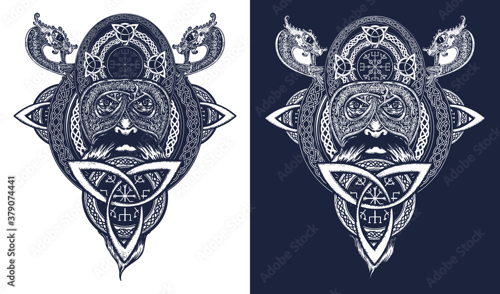 Viking warrior tattoo, t-shirt design. Celtic emblem of Odin. Northern dragons, viking helmet, ethnic style. Black and white vector graphics Viking warrior tattoo, t-shirt design. Celtic emblem of Odin. Northern dragons, viking helmet, ethnic style. Black and white vector graphics