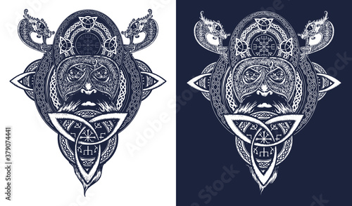 Viking warrior tattoo, t-shirt design. Celtic emblem of Odin. Northern dragons, viking helmet, ethnic style. Black and white vector graphics