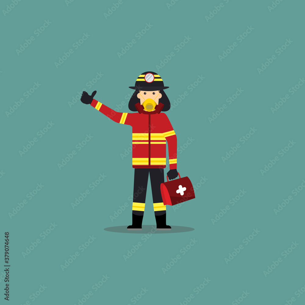 Cartoon Illustration of Fireman Hold a Medical Kit