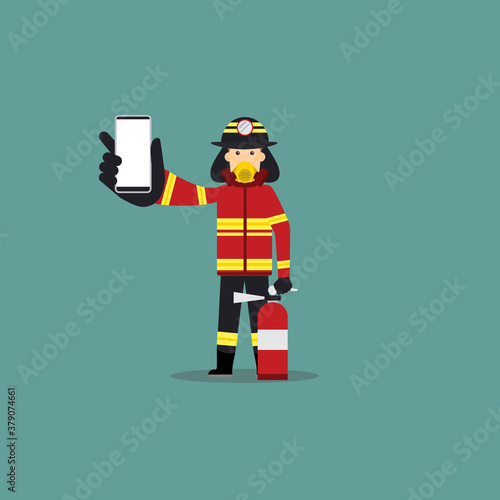 Cartoon Illustration of Fireman Hold a Smart phone