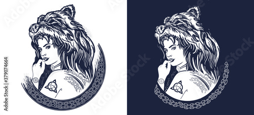 Tribal strong viking woman in a skin of a bear. Symbol of Scandinavia, valhhala, Valkyrie. Girl of the North t-shirt design. Black and white vector graphics