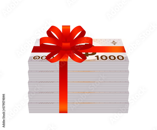 money 1000 baht banknote thai and red ribbon bow, currency stack of one thousand THB type, bank note money thailand baht for giving and donate, paper money thai isolated on white