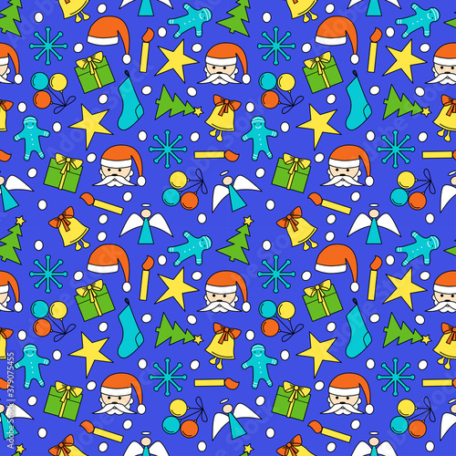 Christmas seamless vector pattern. Colored icons of Christmas and new year symbols on a blue background. New year pattern for packaging, design, scrabooking, Wallpaper, fabric, print