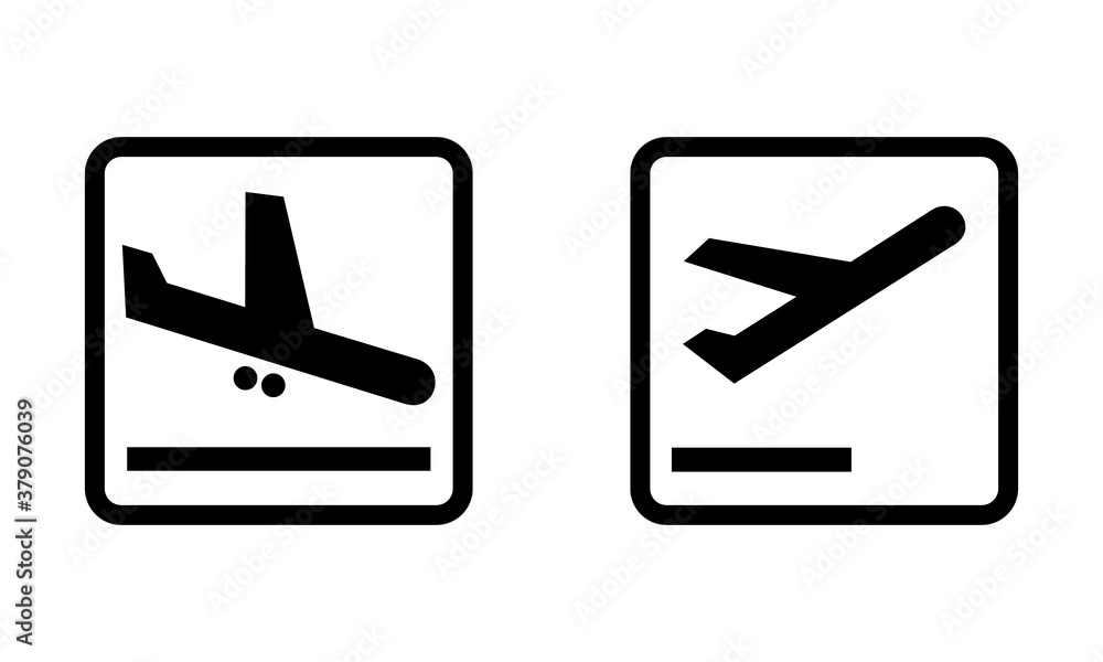 Arrivals and Departures Airport sign set. Vector illustration of Airport icons isolated on white background. Simple flat design of black take off and landing plane symbols. Information for passengers. Arrivals and Departures Airport sign set. Vector illustration of Airport icons isolated on white background. Simple flat design of black take off and landing plane symbols. Information for passengers.